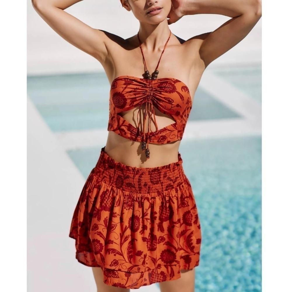 NWT Anthropologie Beaded Smocked Skirt & Crop Top Set